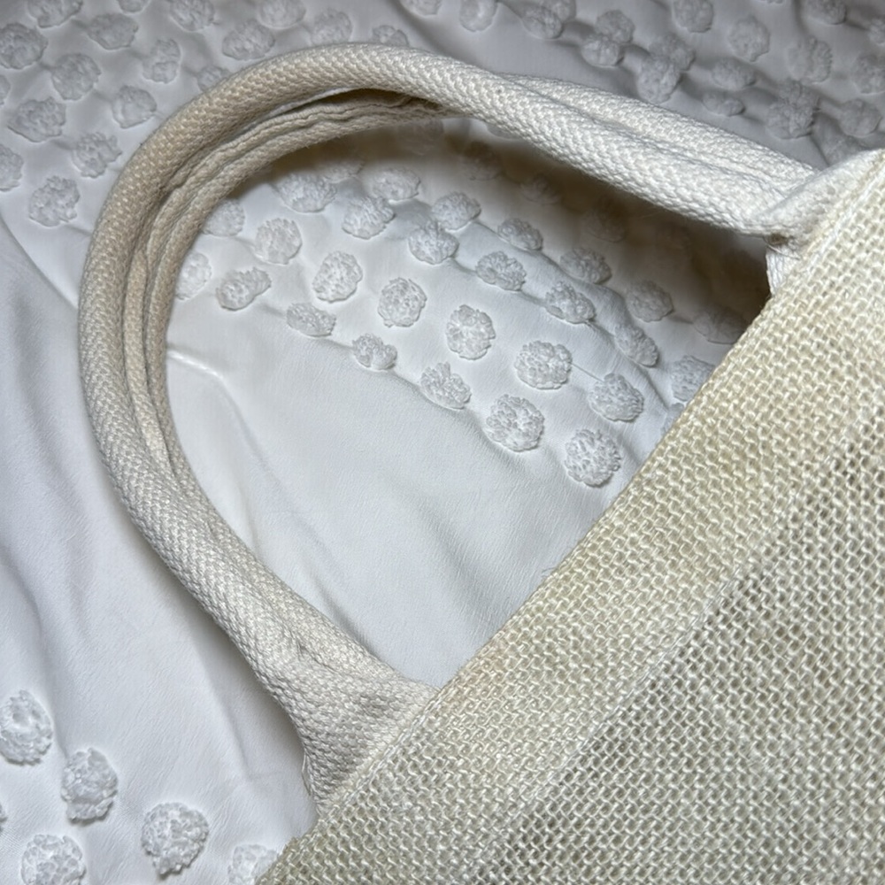 Trendy Linen Wicker Tote Bag Tan Cream Handles - Picture 8 of 9